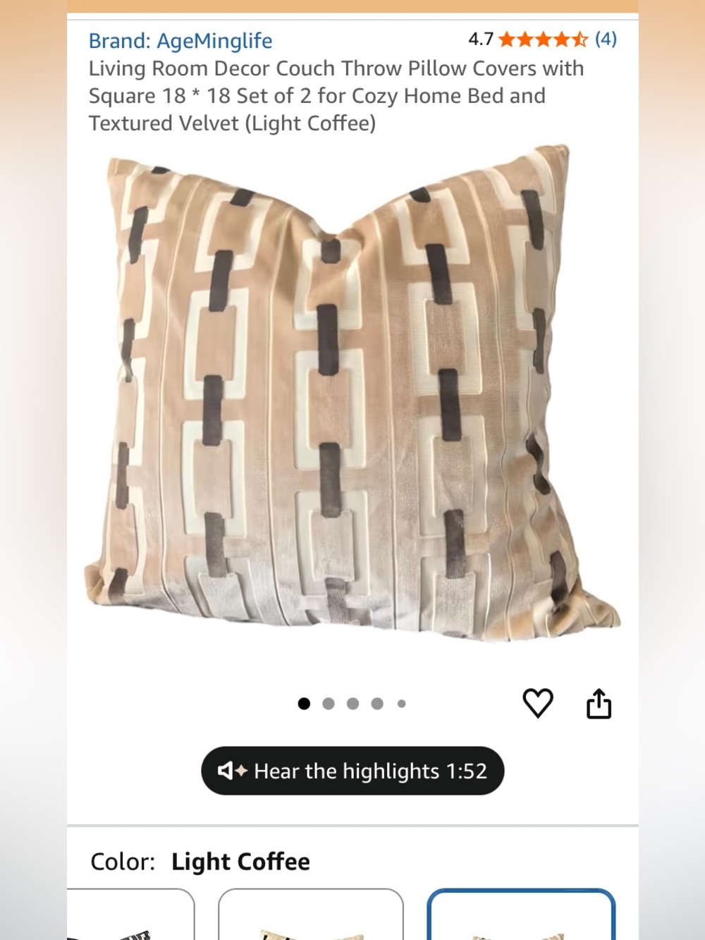 4 Pillow Covers 18x18 Textured Velvet Geometric Pattern Cream Beige Brown Coffee - Picture 5 of 6